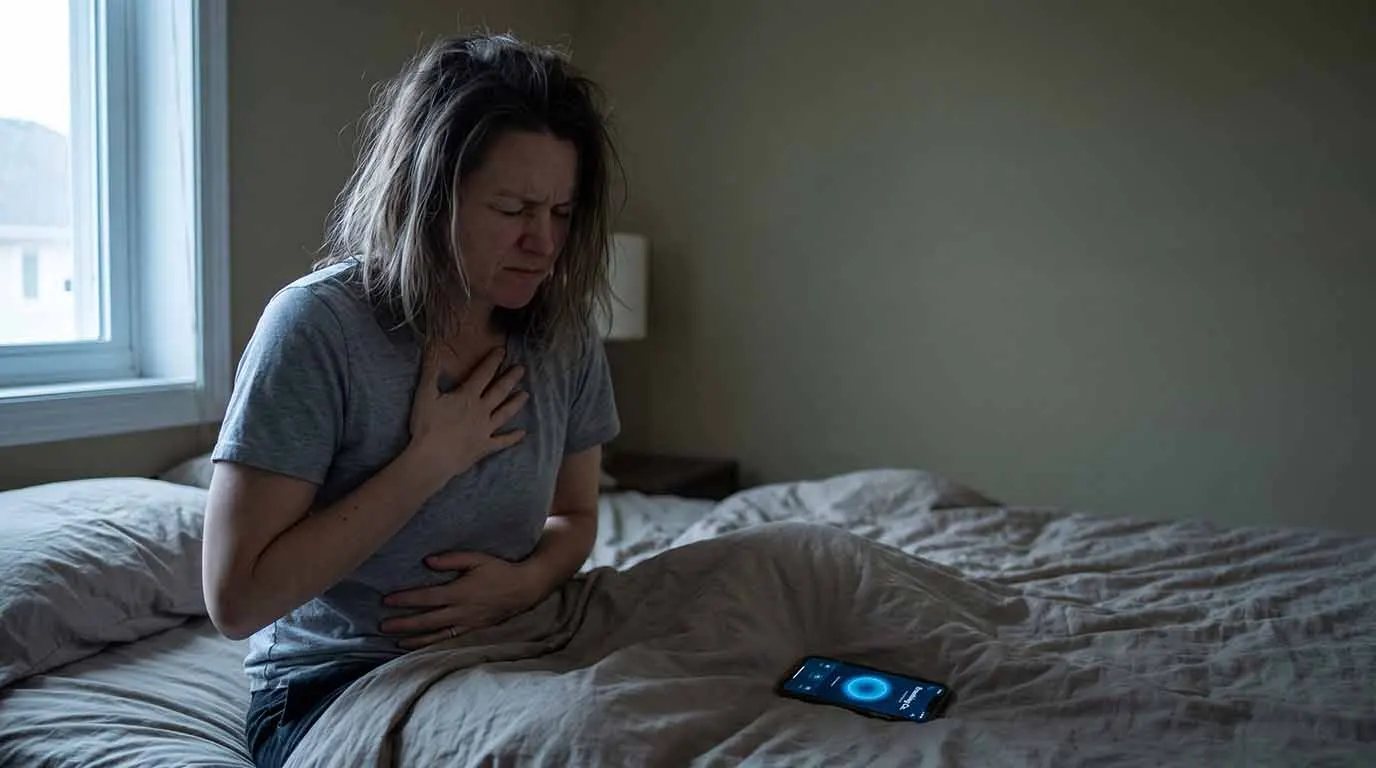 A woman sitting on the edge of her bed with one hand on her chest and one on her stomach, trying to do a breathing exercise while looking anxious