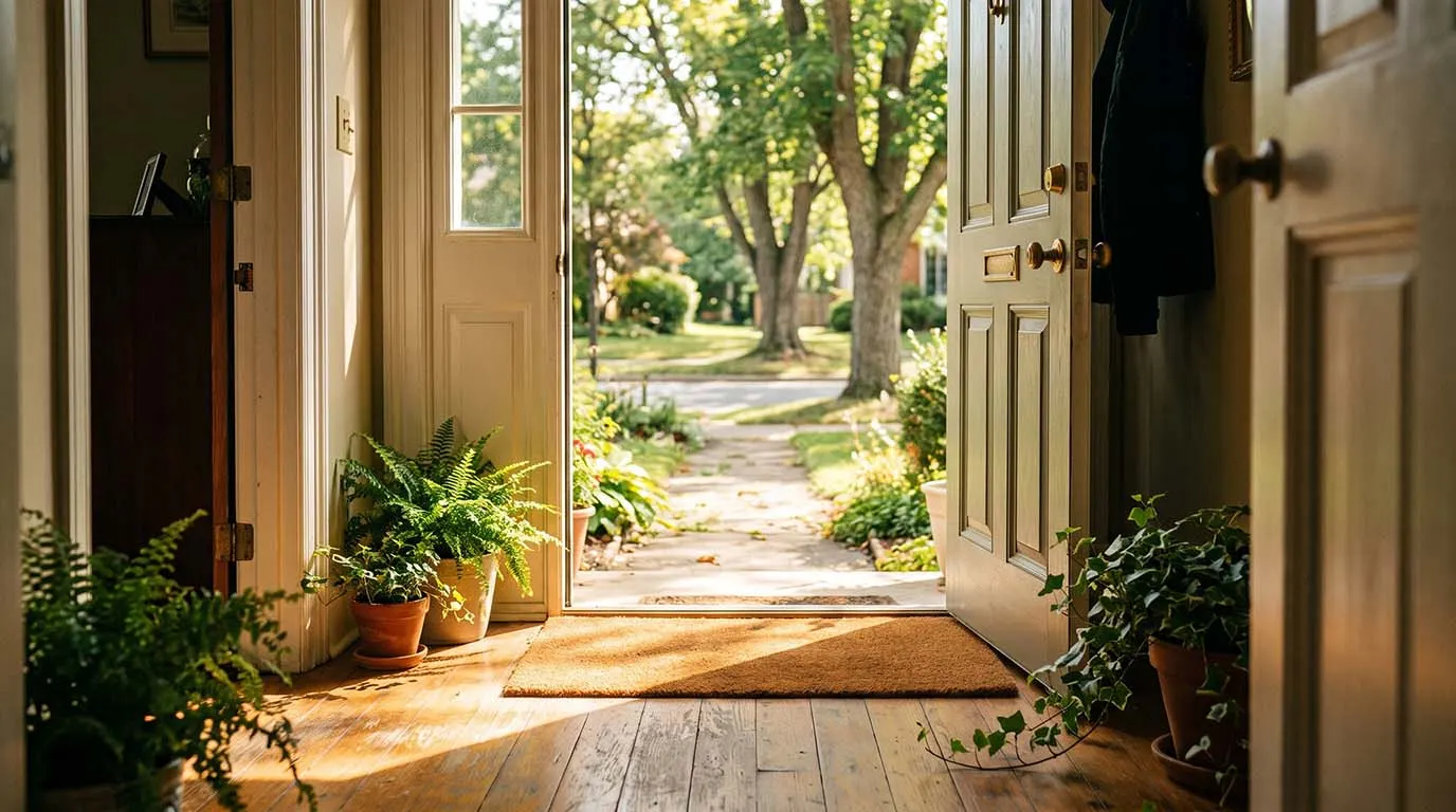 A front door standing open onto a sunny garden path