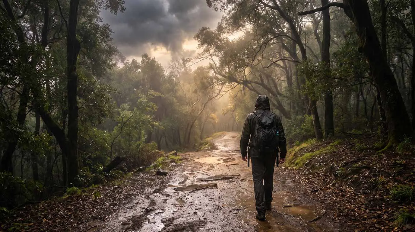 A person hiking along a muddy forest trail after a rainstorm as sunlight breaks through the trees